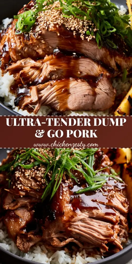 A tall stack of sliced slow cooker teriyaki pork glistening with mahogany glaze, topped with sesame seeds and scallions, served with grilled pineapple wedges and jasmine rice.