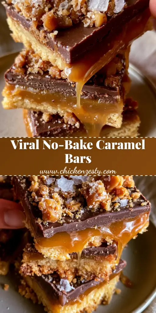 A close-up handheld shot showing a stack of Caramel crush bars with a thick oozing caramel layer and dark chocolate topping. (Caramel crush bars)