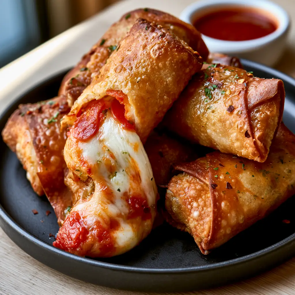 High-angle photo of homemade pizza rolls showing one broken open with melted mozzarella cheese pull and pepperoni.