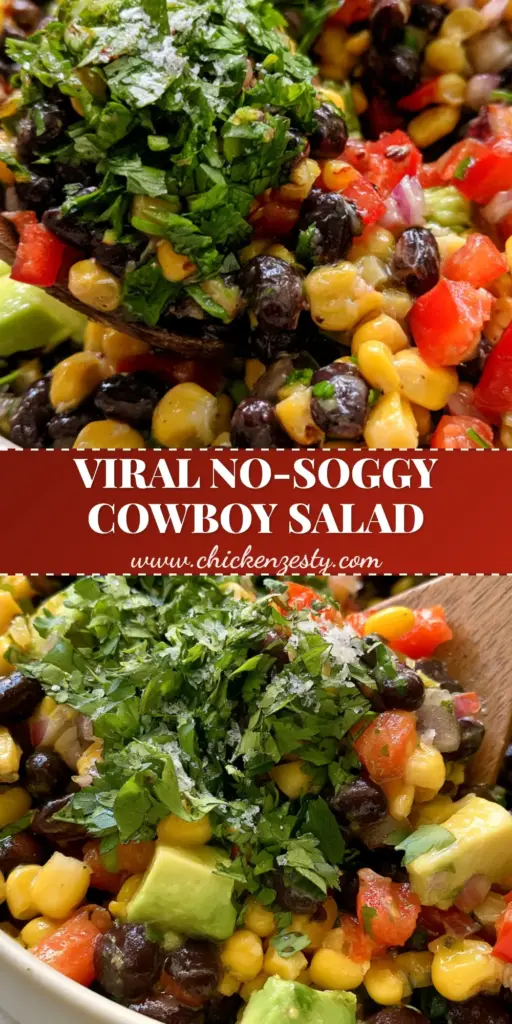 Cowboy Salad: The Ultimate Fresh and Vibrant Summer Side Dish 4 A vibrant cowboy salad in a white bowl featuring black beans, corn, red peppers, and avocado with a lime glaze.