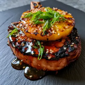 Eye-level shot of a thick-cut bone-in pork chop glistening with dark teriyaki glaze and toasted sesame seeds. (grilled pineapple teriyaki pork chops)