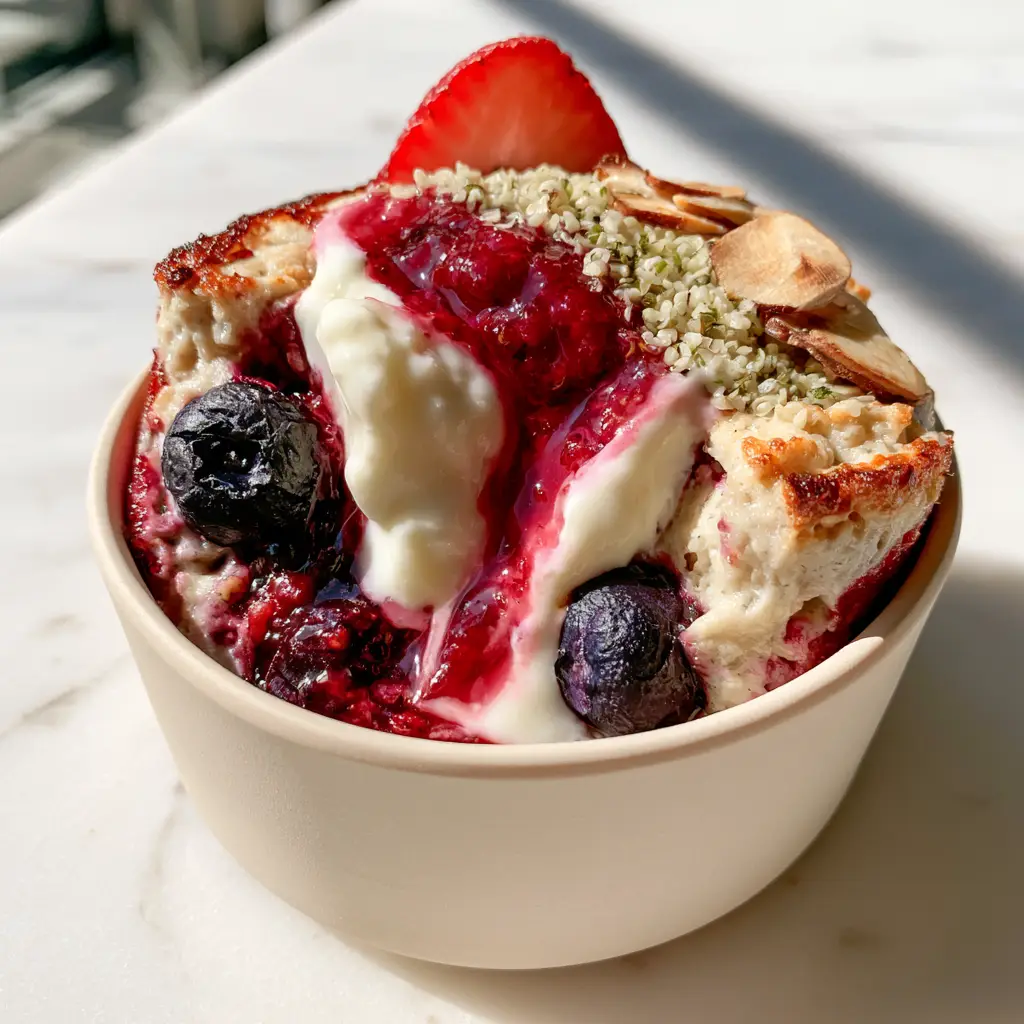 Macro shot of glossy strawberry compote and baked blueberries layered over high protein oats.