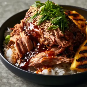 Macro shot of juicy slow cooker teriyaki pork slices drenched in a thick dark glaze with toasted sesame seeds and green scallions.