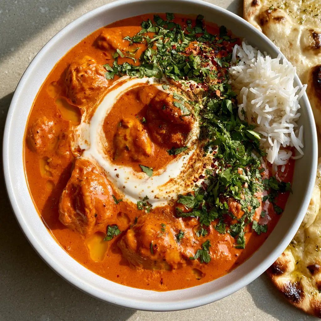 Crockpot Butter Chicken served with fluffy basmati rice and blistered charred garlic naan bread.