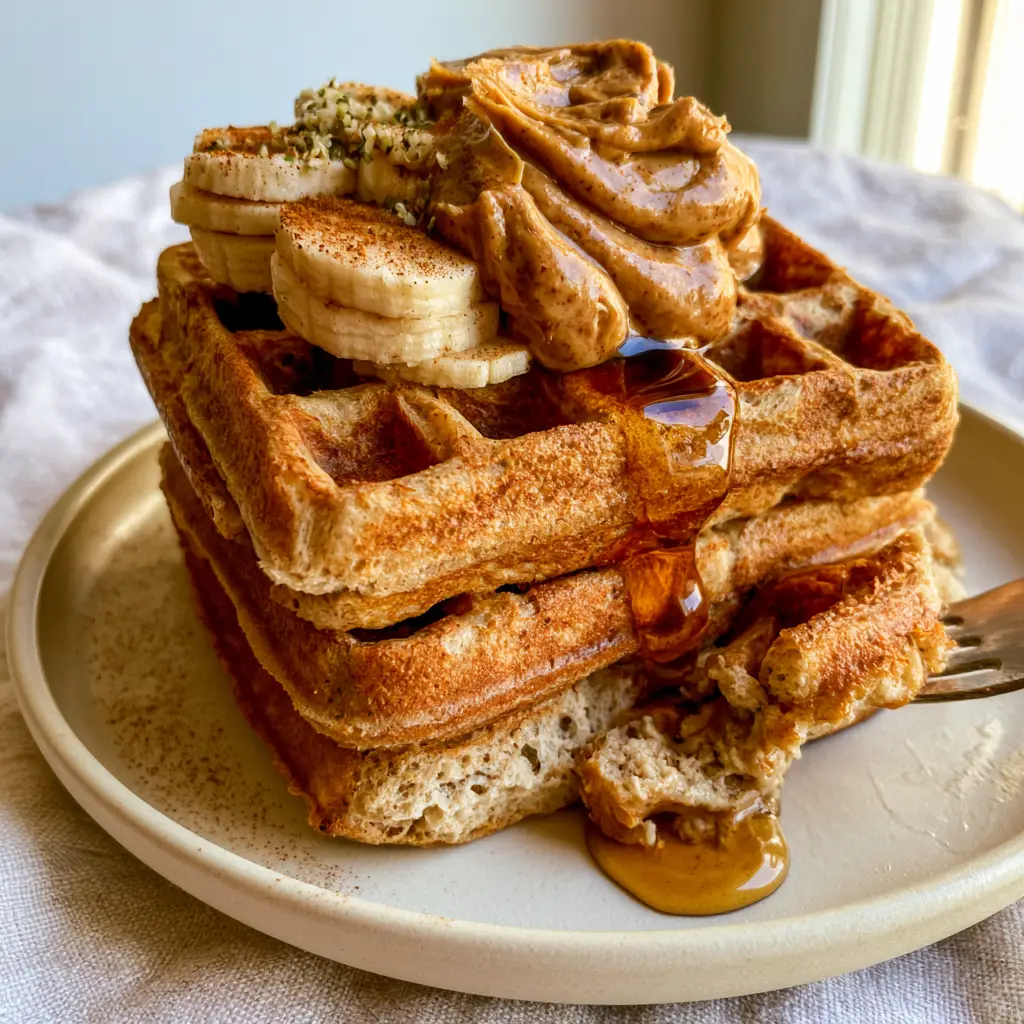 Side view of a three-stack of golden Belgian waffles with dripping syrup and banana slices.