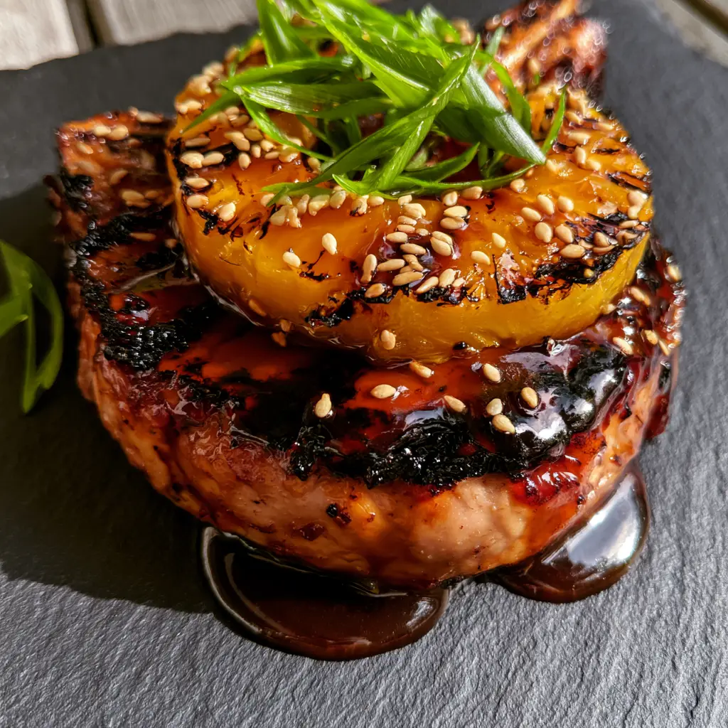 Close-up of charred grill marks on a teriyaki pork chop topped with a golden grilled pineapple ring.