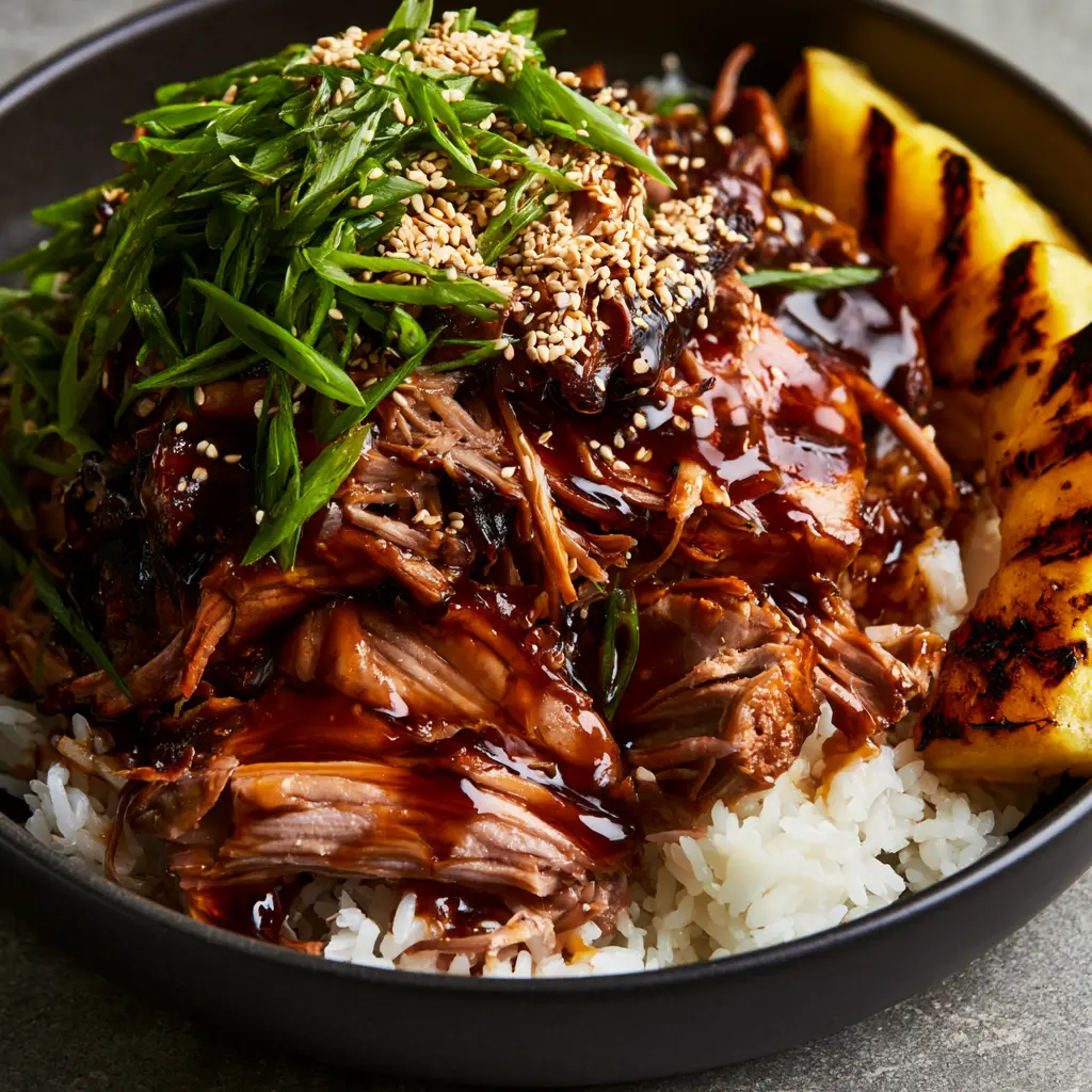Slices of teriyaki pork tenderloin showing distinct muscle fibers and pull-apart edges in a matte black ceramic bowl (slow cooker teriyaki pork).