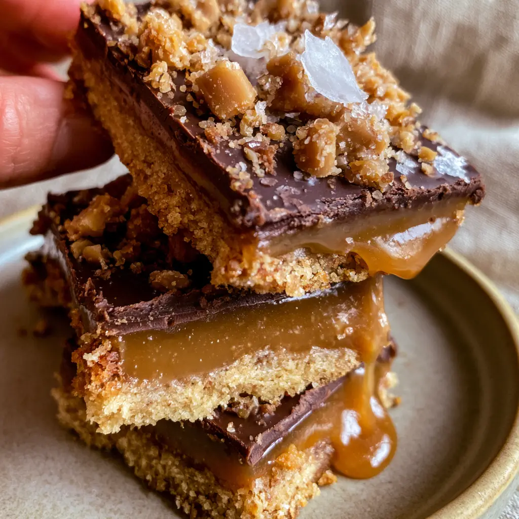 Overhead close-up of dark chocolate ganache topped with heavy crushed toffee and sea salt crystals on Caramel crush bars.
