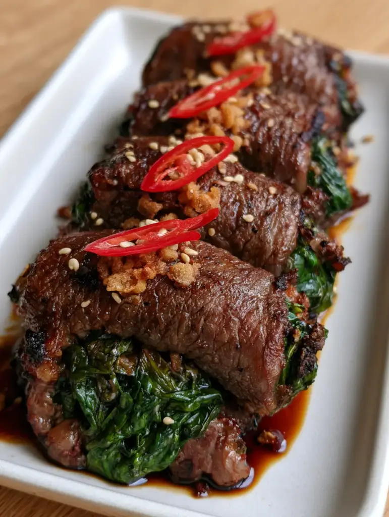 Thai Basil Beef Rolls: The Ultimate Crispy Umami Appetizer 1 Close up of Thai basil beef rolls showing the vibrant emerald green basil leaves inside the seared ribeye.