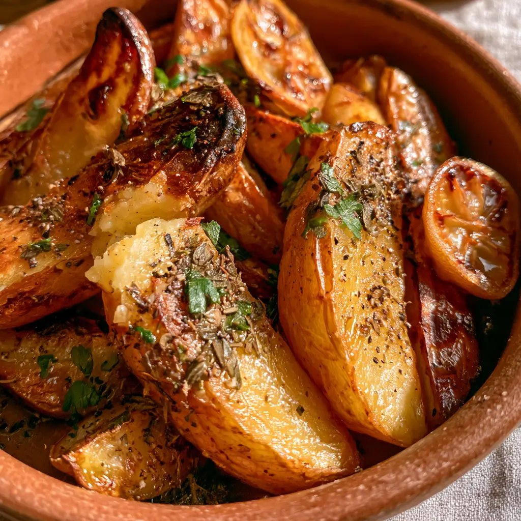 A broken greek potato wedge revealing a fluffy buttery texture interior.