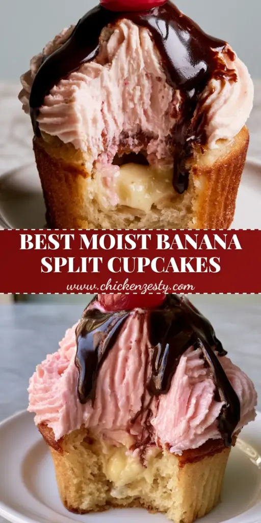 Banana Split Cupcakes with Hidden Vanilla Custard Center 3 A close-up shot of a banana split cupcake with a thick swirl of strawberry frosting and a chocolate drizzle.