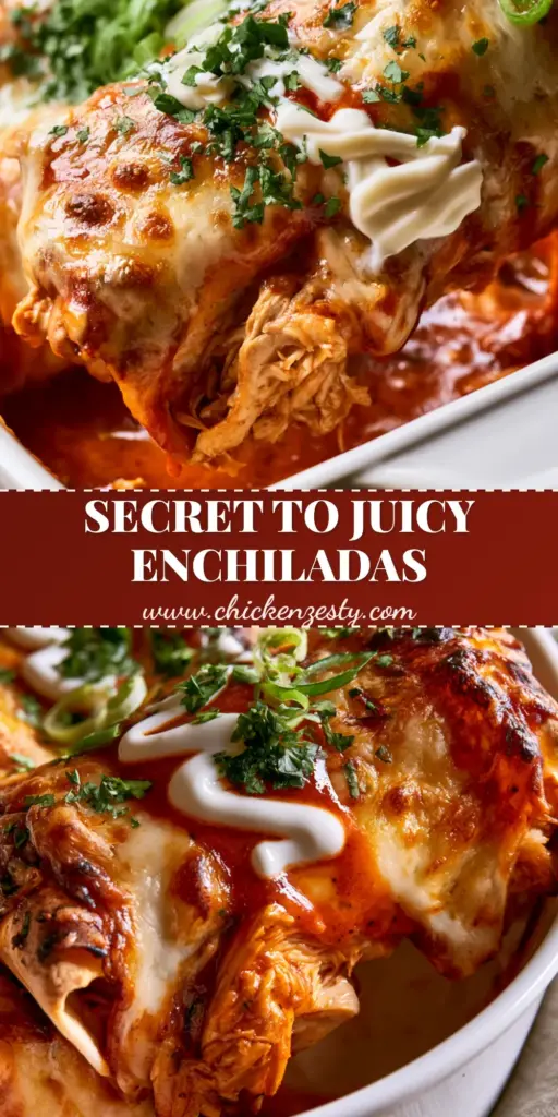 A close up shot of shredded chicken enchiladas with melted Monterey Jack cheese and red sauce in a white dish.