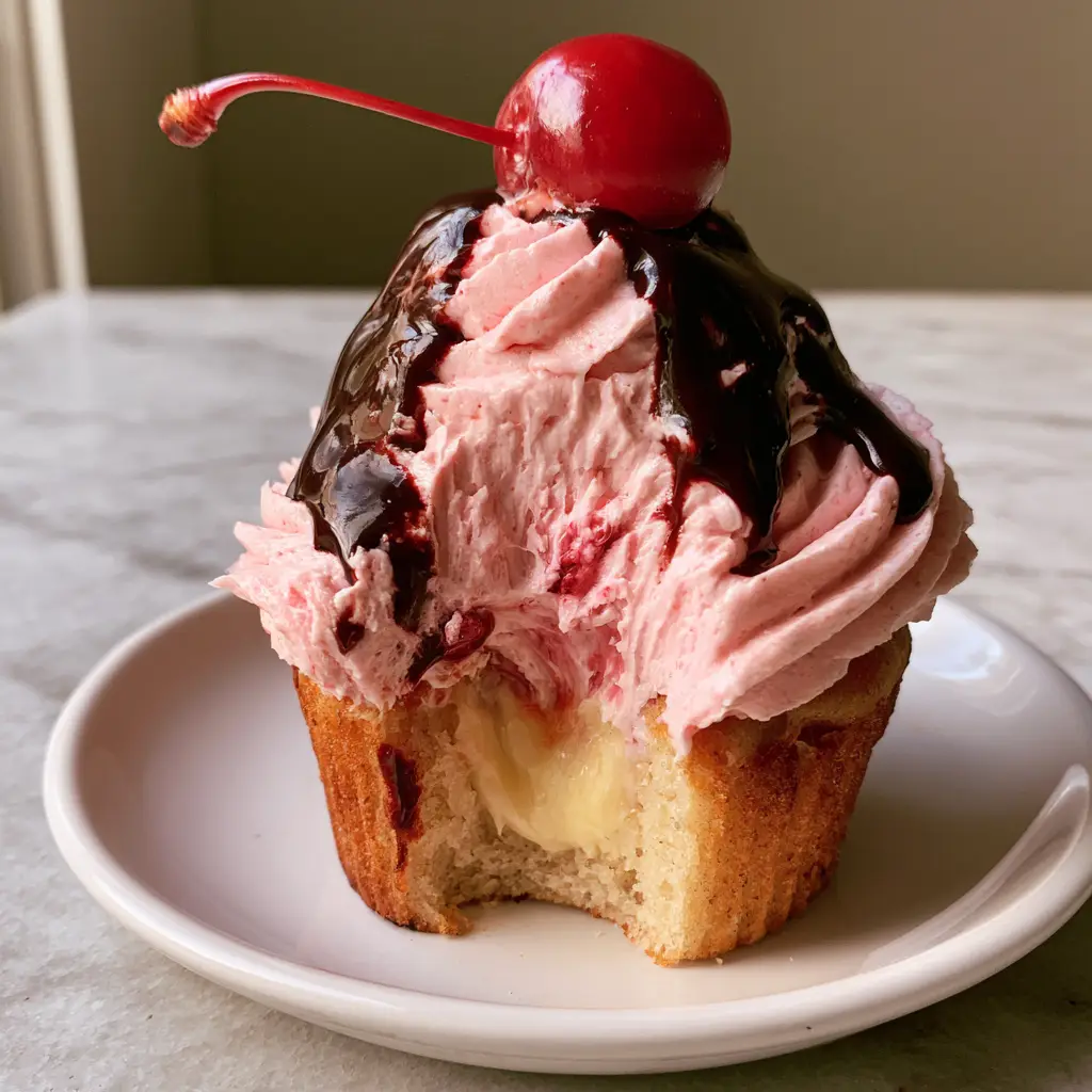 Banana Split Cupcakes with Hidden Vanilla Custard Center 1 Internal view of banana split cupcakes with one bite removed to reveal the vanilla custard center.