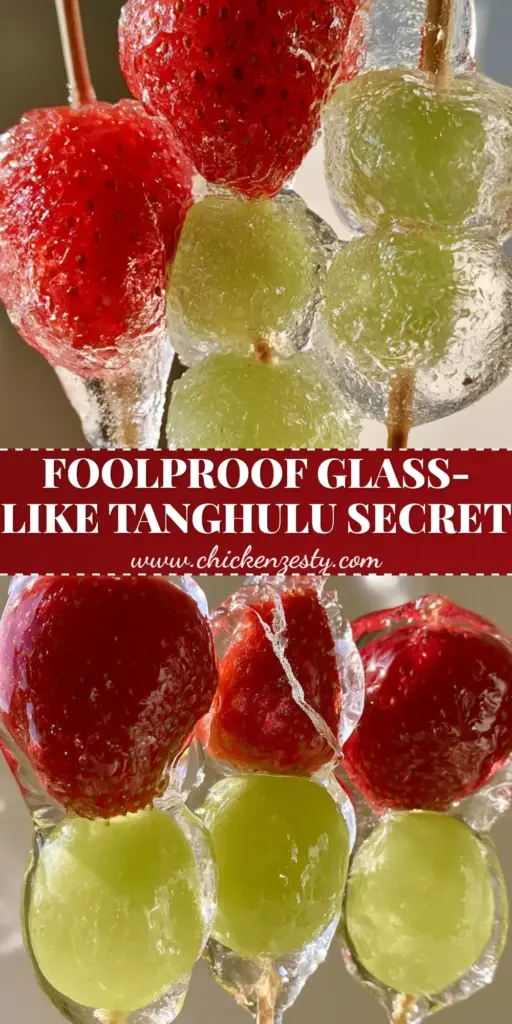 Three Tanghulu skewers featuring red strawberries and green grapes with a crystal-clear sugar glaze held against a window. (Tanghulu)