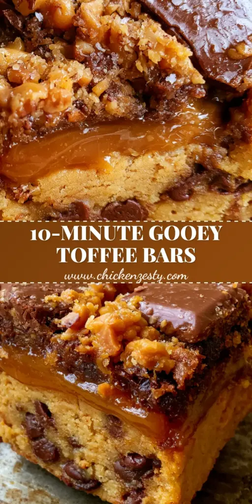 A thick square-cut Peanut Butter Caramel Toffee Chocolate Chip Cookie Bar showing a ribbon of oozing caramel and a dense golden-tan base.