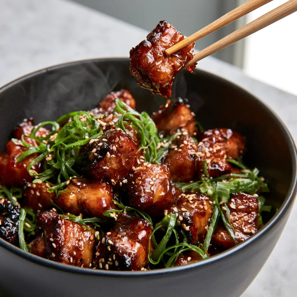 Close up of light wood chopsticks lifting a piece of juicy Chinese style pork.