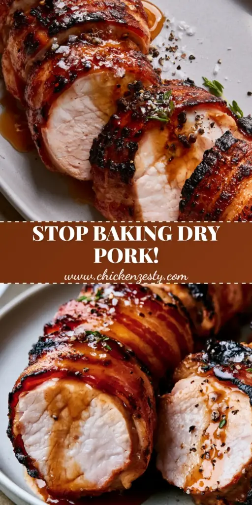 Slices of Bacon Brown Sugar Pork Tenderloin on a light gray plate with sticky amber glaze and fresh thyme garnish.