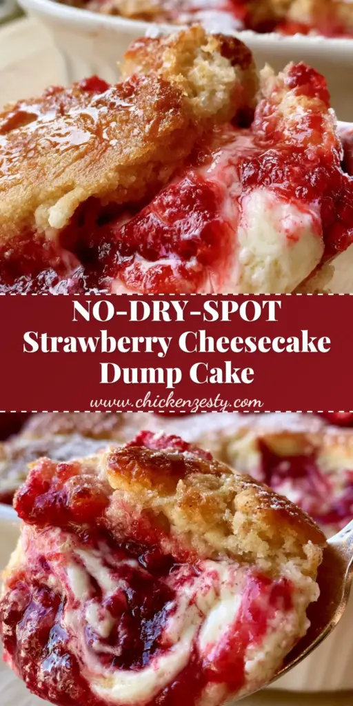 A close-up vertical shot of strawberry cheesecake dump cake in a white dish with fresh berries and powdered sugar. (strawberry cheesecake dump cake)