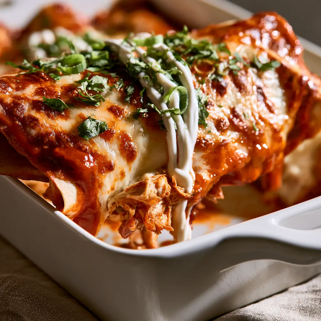 Close up of shredded chicken enchiladas garnished with Mexican crema, cilantro, and green onions.
