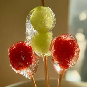 Close up of hyper-detailed Tanghulu skewers showing the diamond-like sugar coating and strawberry seeds. (Tanghulu)