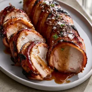 Close up high angle smartphone photo of sliced Bacon Brown Sugar Pork Tenderloin showing clear juices and crispy bacon edges.