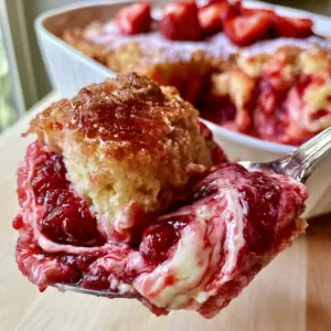 Macro photo of a silver spoon scooping strawberry cheesecake dump cake showing a golden crust and bubbling jam. (strawberry cheesecake dump cake)