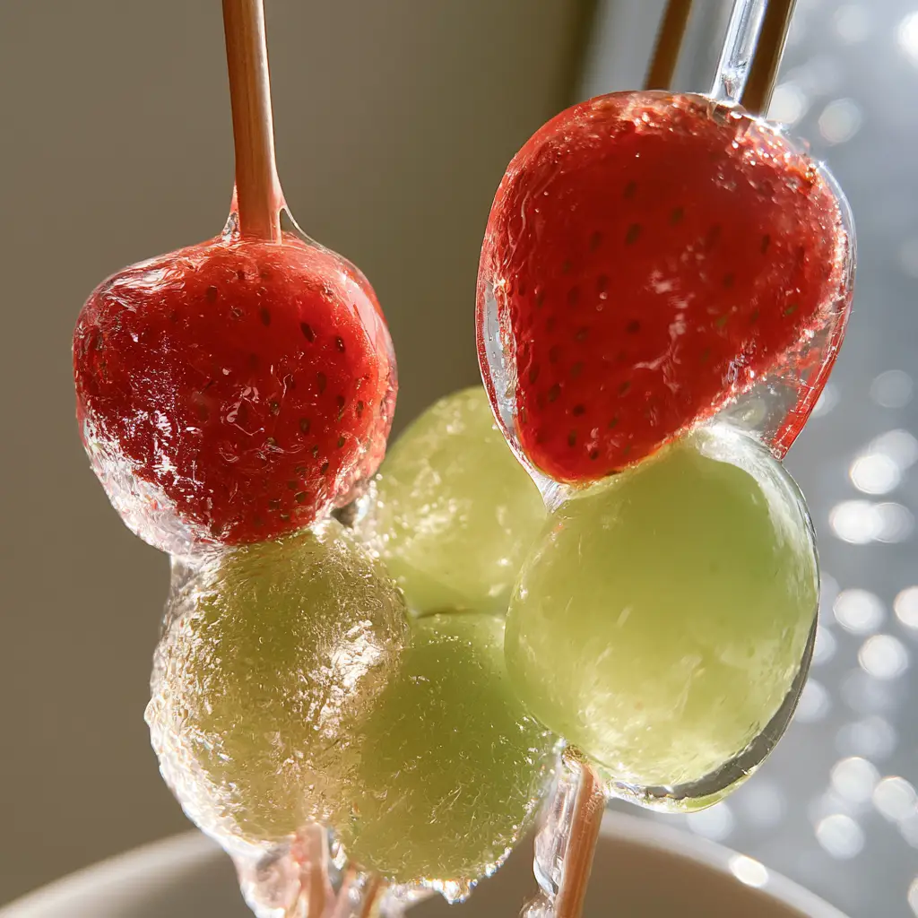 Smartphone photo of Tanghulu skewers with sharp natural light reflections and a soft bokeh background.