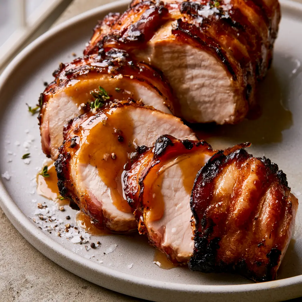 A minimalist matte light-gray ceramic plate featuring sliced Bacon Brown Sugar Pork Tenderloin with charred bacon edges.
