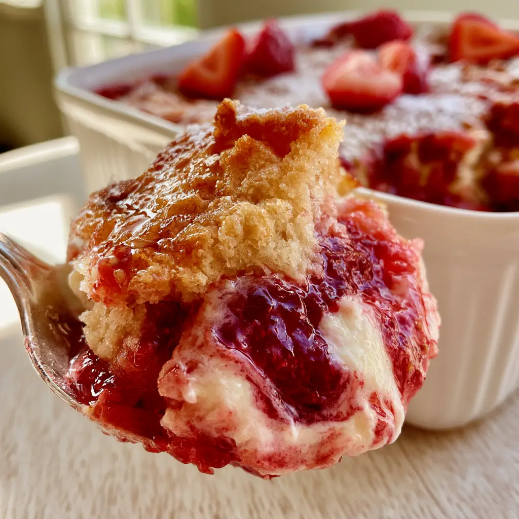 A handheld smartphone photo showing the moist interior of a strawberry cheesecake dump cake.