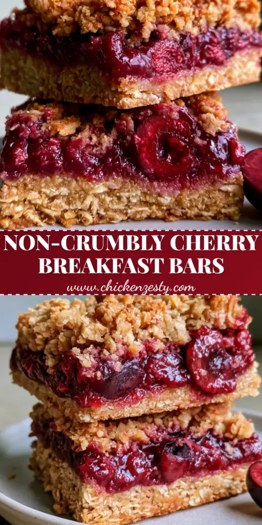 A stack of two Cherry Breakfast Bars showing a golden oat base, deep ruby-red cherry filling, and a chunky crumble top on a light grey ceramic plate.