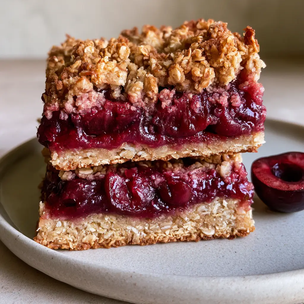 Two stacked Cherry Breakfast Bars on a neutral ceramic plate with a fresh halved cherry garnish.