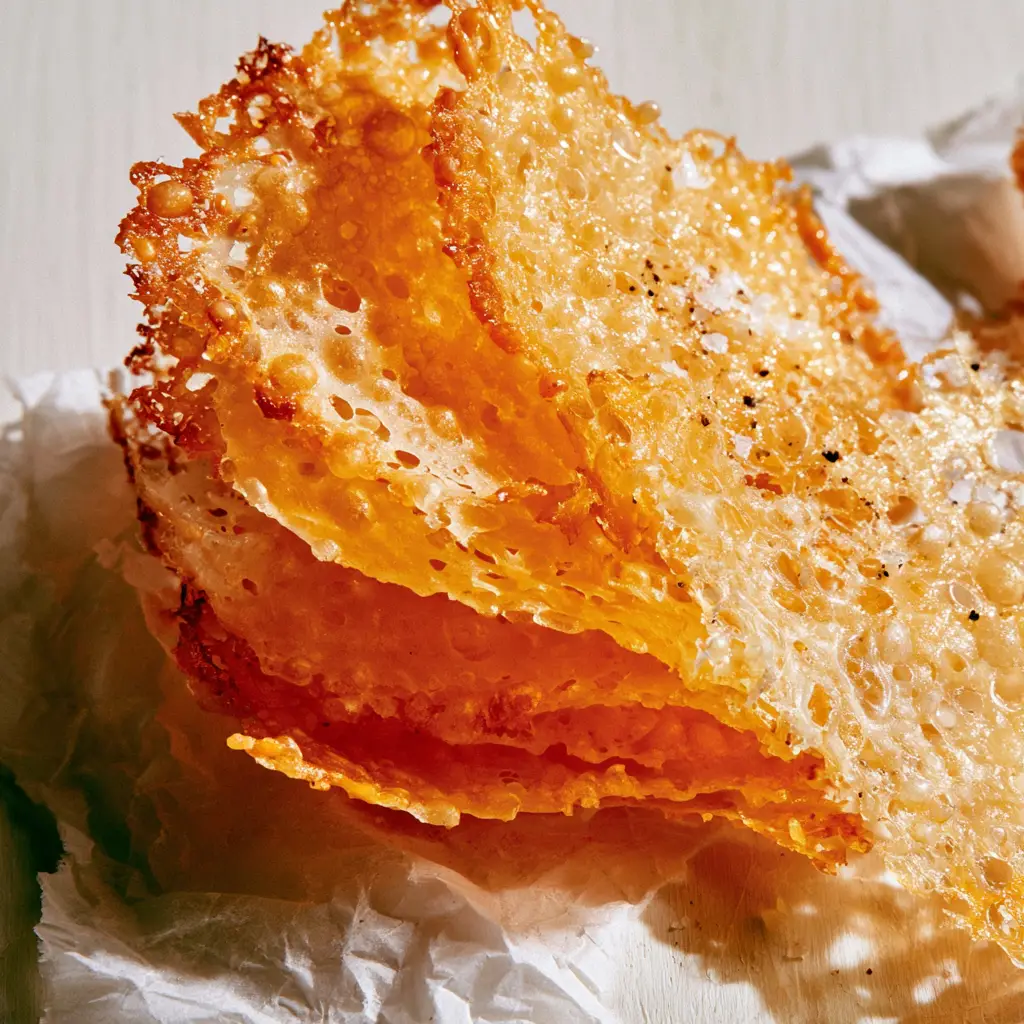 cheese crisps: The Ultimate Lacy Parmesan Snack with a Brittle Shatter Texture 1 Stack of brittle cheese crisps with microscopic black pepper flakes on wrinkled parchment paper.