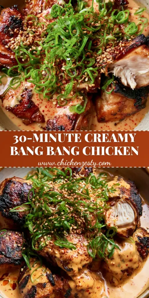 A top-down view of Bang Bang Chicken Thighs in a rustic bowl with green scallions and sesame seeds.