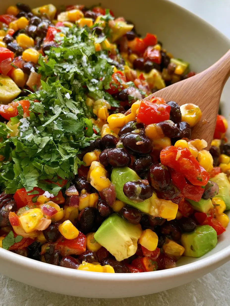 Cowboy Salad: The Ultimate Fresh and Vibrant Summer Side Dish 3 Close up of cowboy salad with black beans, corn, and avocado chunks in a white bowl with a wooden spoon. (cowboy salad)