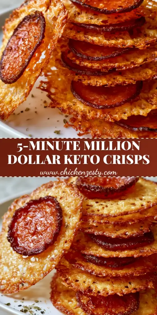 A tall Pinterest-style vertical stack of crispy pepperoni cheese crisps featuring lacy golden parmesan and curled pepperoni edges.