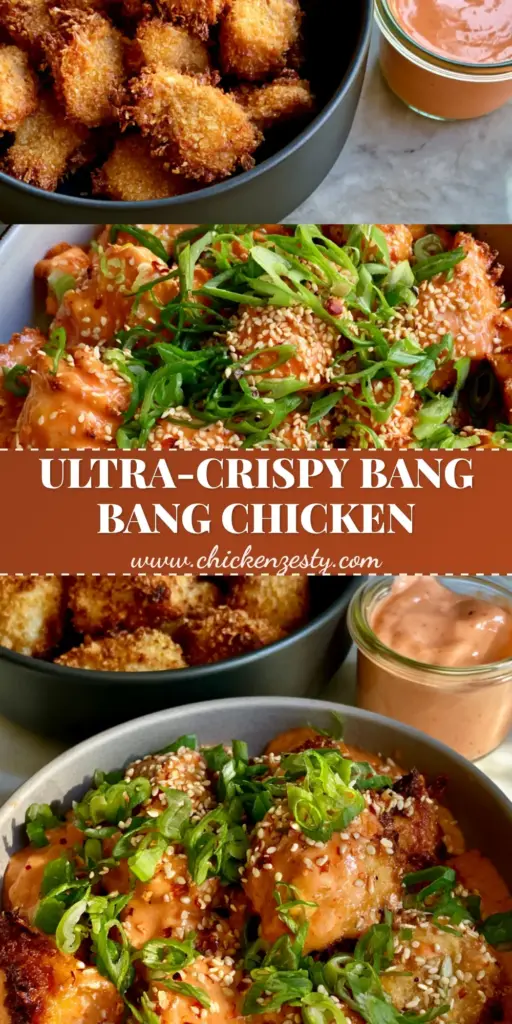 A vertical photo of Crispy Bang Bang Chicken in a matte black bowl, heavily tossed in glossy orange sauce and garnished with green scallions.
