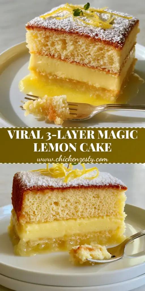 A thick slice of 3-layer Lemon Custard Cake featuring a golden-brown sponge top, silky pale yellow custard middle, and translucent lemon sauce base on a white ceramic plate.