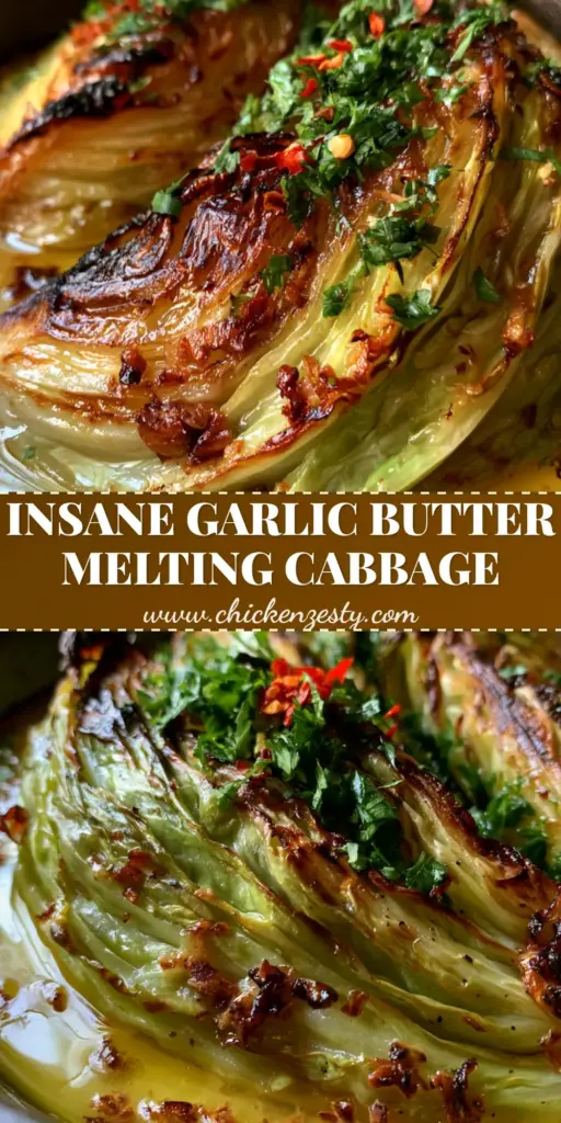 A vertical photo of melting cabbage wedges in a cast iron skillet, featuring charred edges and a glossy garlic butter sauce.