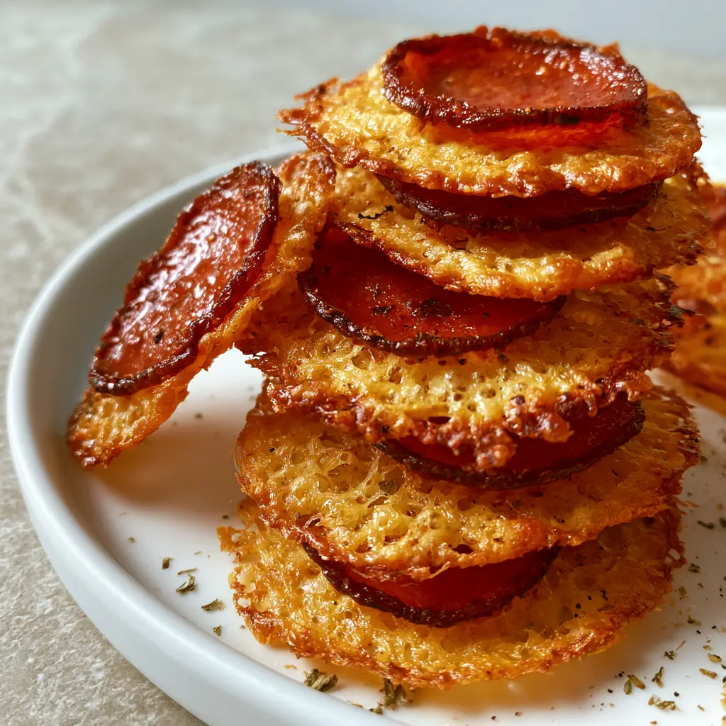 Artful stack of pepperoni cheese crisps on a white plate showing the brittle snap and golden-brown edges.