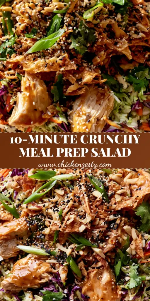 Chinese Chicken Salad: The Ultimate 10-Minute Restaurant-Style Crunch 4 A top-down shot of a Chinese Chicken Salad in a white bowl with almonds, wontons, and sesame seeds.