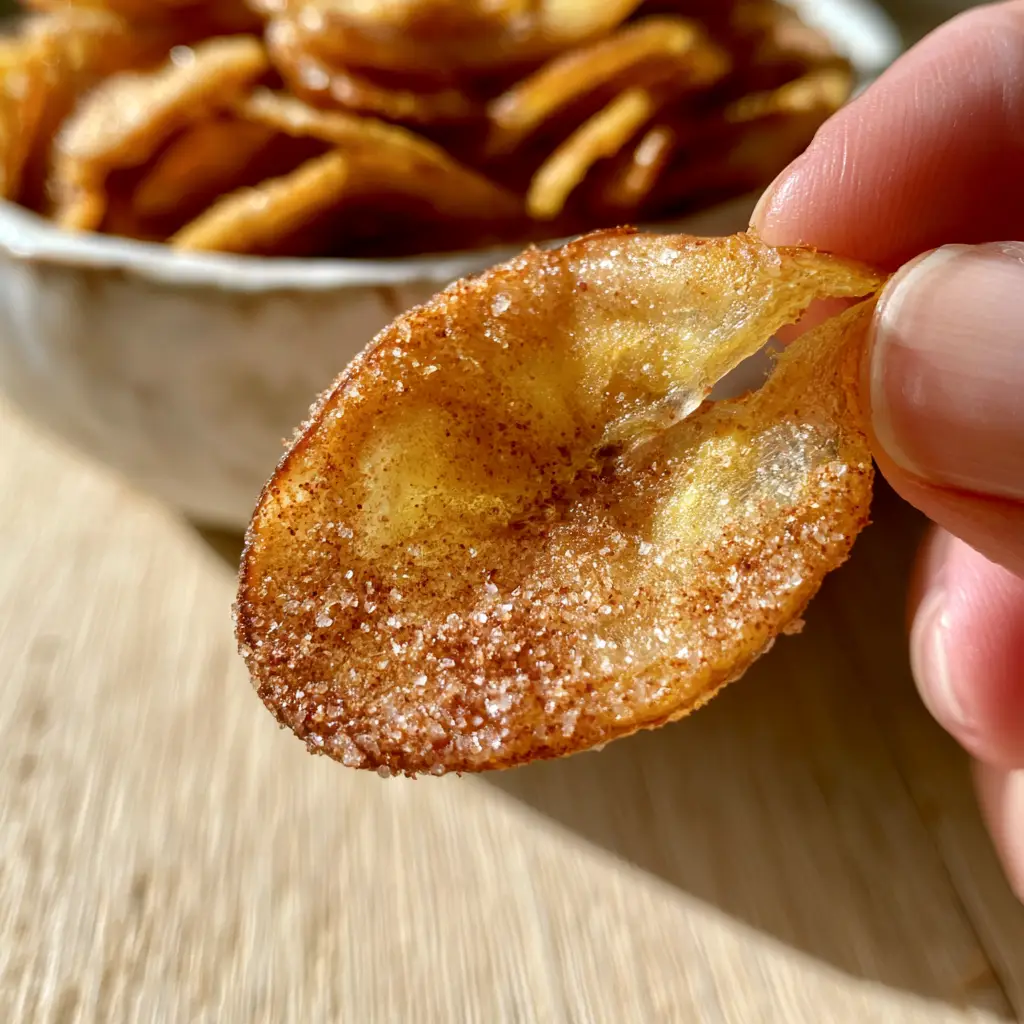 Air fryer banana chips: The Ultimate Crispy Cinnamon Sugar Snack 2 A single Air fryer banana chip being snapped in half to show the crisp texture and translucent edges.