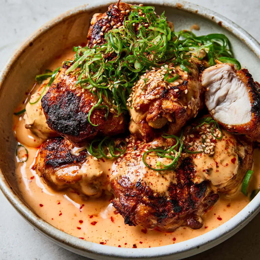 Close up of juicy white meat inside a piece of seared Bang Bang Chicken.