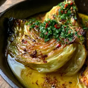 Extreme close-up of melting cabbage wedges showing deep caramelization and toasted garlic bits in a cast iron pan.