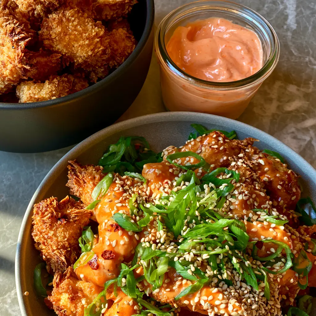 Finished dish of Crispy Bang Bang Chicken tossed in thick orange sauce, glistening with toasted white sesame seeds and scallions.