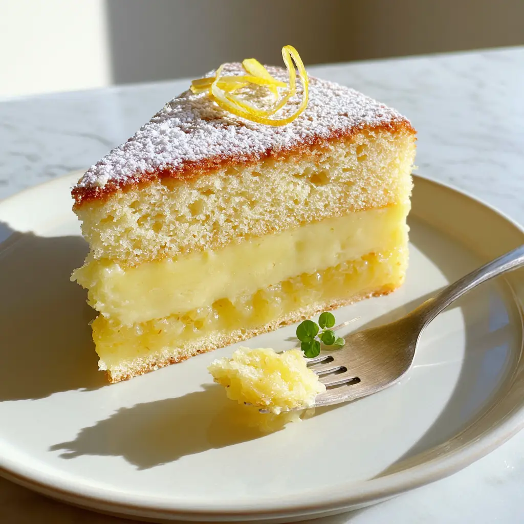 Close-up of a silver fork taking a bite of Lemon Custard Cake, revealing the translucent lemon curd sauce base and moist sponge.