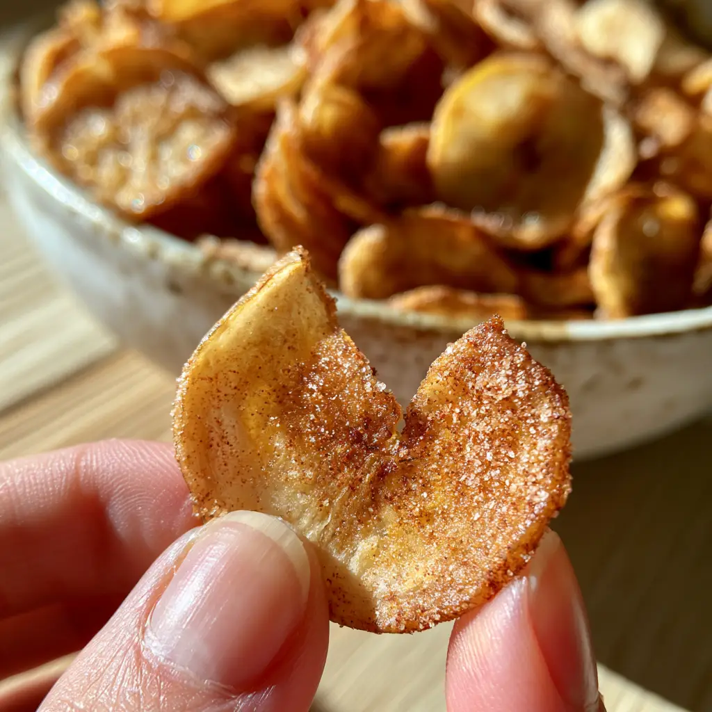 Air fryer banana chips: The Ultimate Crispy Cinnamon Sugar Snack 1 Detailed view of the sparkling cinnamon sugar crystals on an Air fryer banana chip.