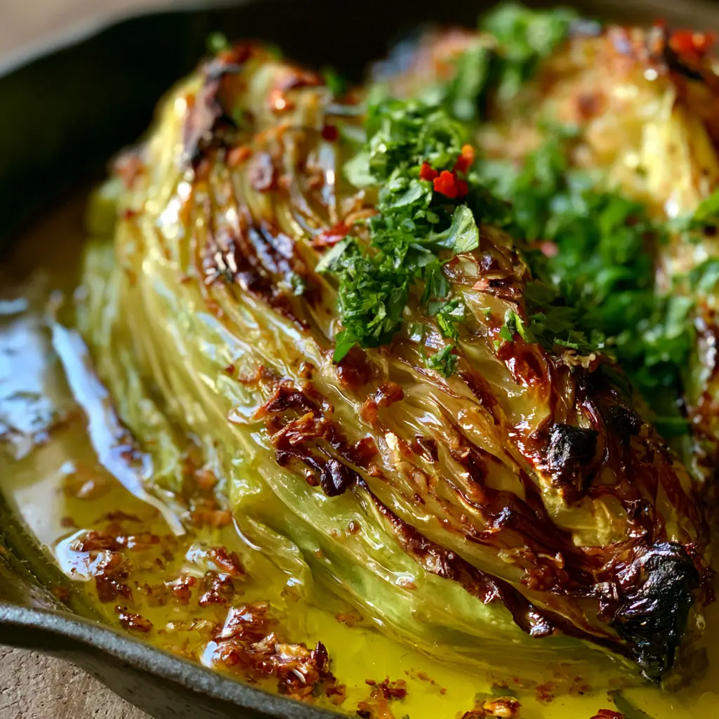 Overhead view of slow-roasted melting cabbage wedges swimming in a pool of golden garlic butter.