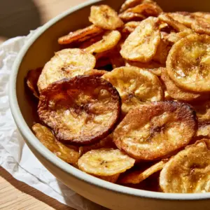 Macro close-up of ultra-thin air-fried banana chips with translucent centers and rippled texture in a matte bowl.