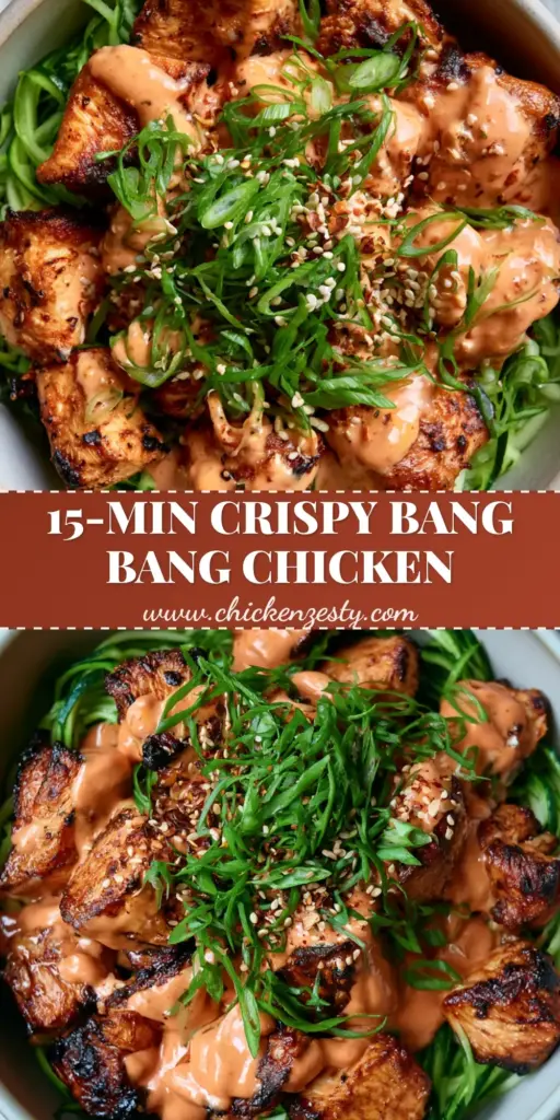 A minimalist matte ceramic bowl filled with golden-brown air-fried Low Carb Bang Bang Chicken chunks, drizzled with creamy orange sauce over green zoodles.