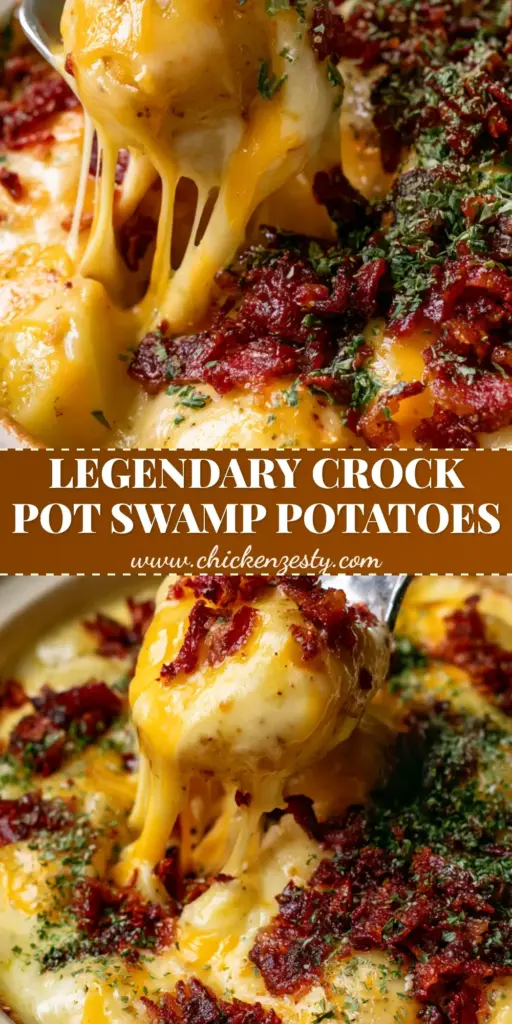 A silver spoon lifting a portion of crock pot swamp potatoes from a white slow cooker, showing thick glistening cheese strings, crispy bacon, and chives.